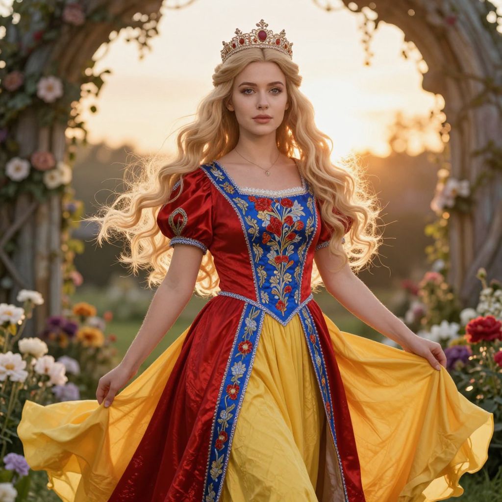 Princess in Elegant Red and Yellow Fairytale Dress with Crown in Flower Garden