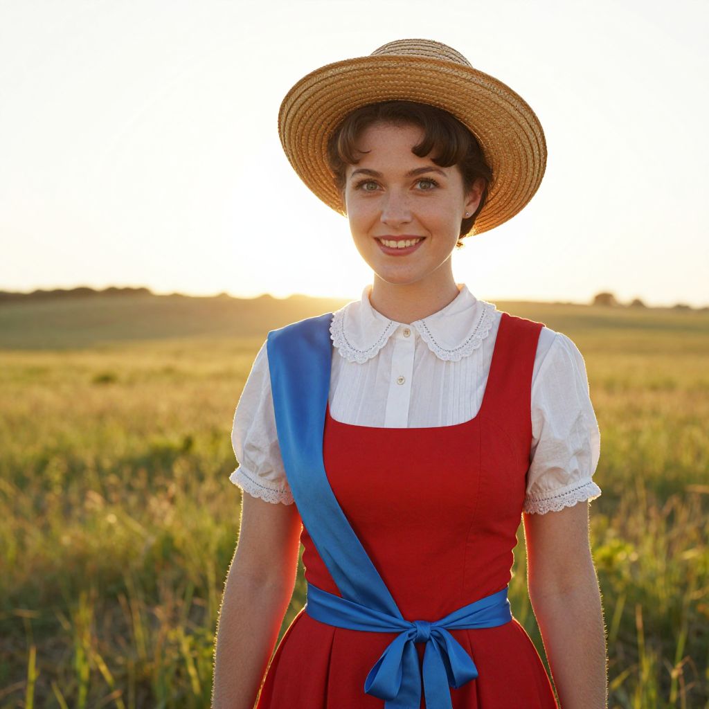 Young Woman in Traditional Dress with Straw Hat in Sunlit Field