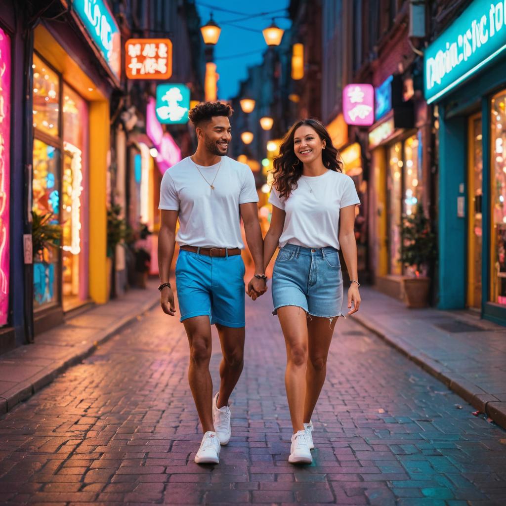 Couple Strolling Hand-in-Hand in Vibrant City at Dusk