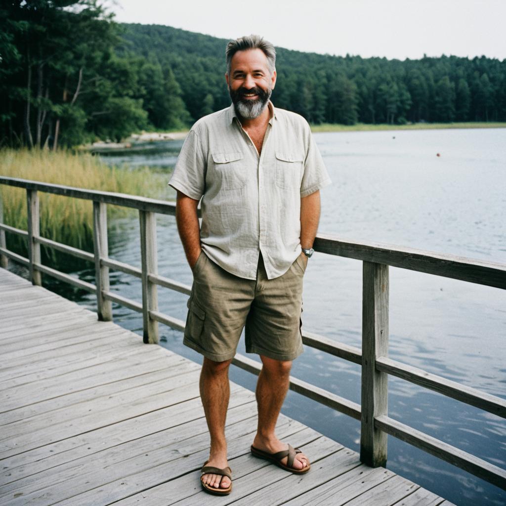 Middle-Aged Man Relaxing on Lake Boardwalk in Casual Summer Attire