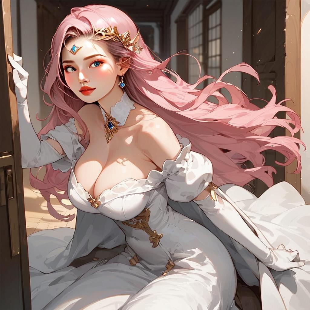 Elegant Pink-Haired Woman in White Gown Anime Artwork