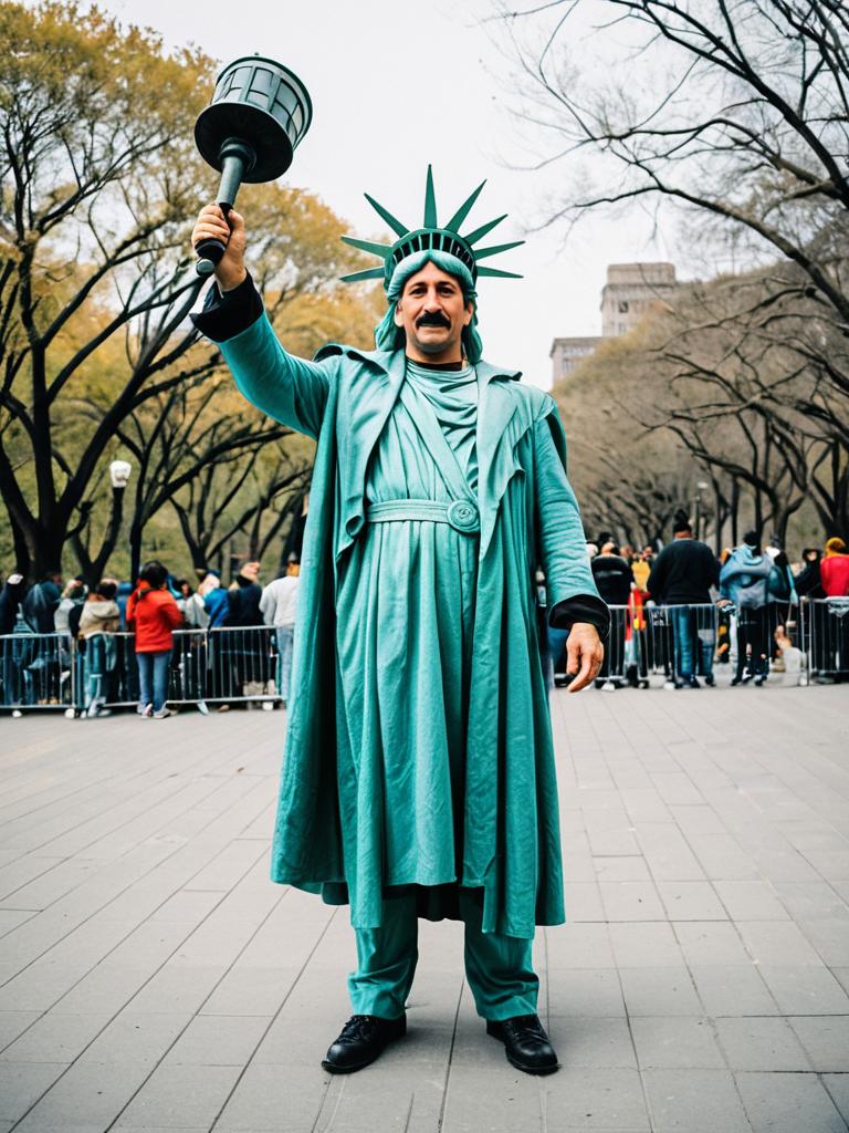 Man in Statue of Liberty Costume Full Body Humorous Cosplay Photo Outdoor