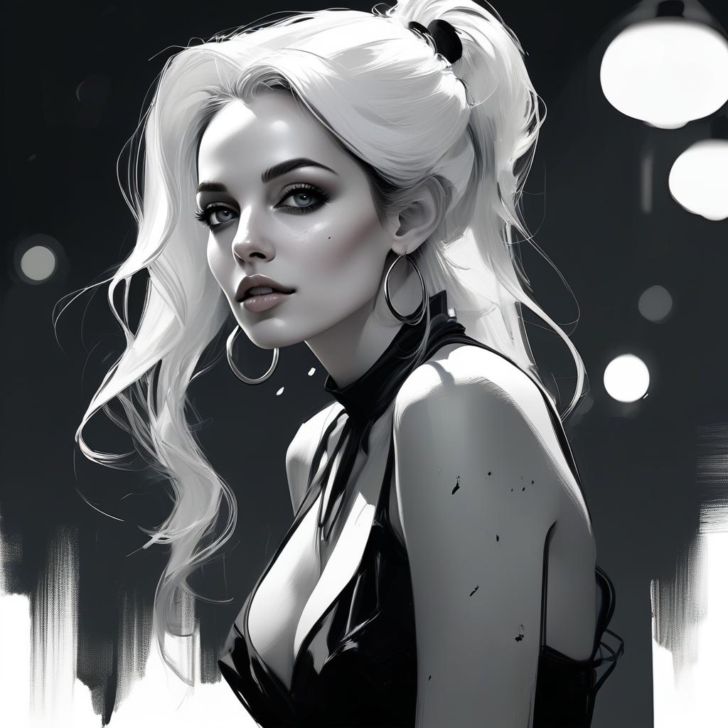 Black and White Illustration of Young Woman with Ponytail