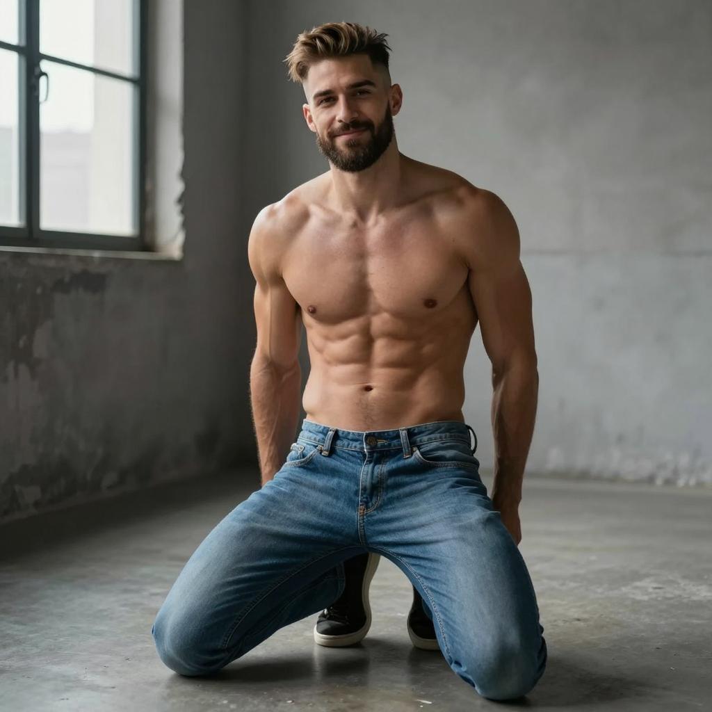 Shirtless Fit Man Kneeling in Industrial Loft Wearing Blue Jeans