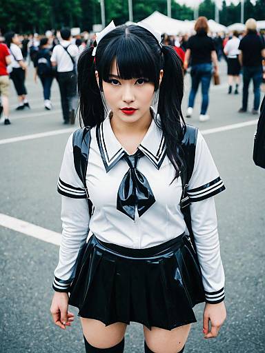 Woman in Latex Schoolgirl Costume at Cosplay Festival
