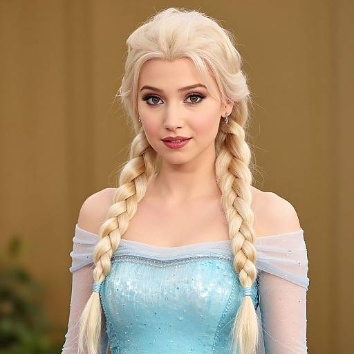 Blonde Woman in Elegant Light Blue Braided Dress Portrait