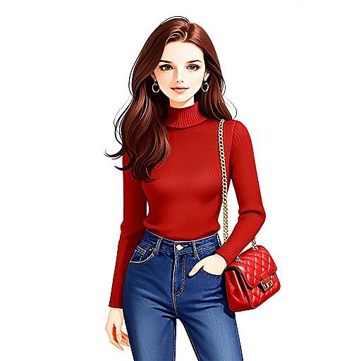 Woman With Pretty Face and Hair in Casual Chic Red Turtleneck and Jeans