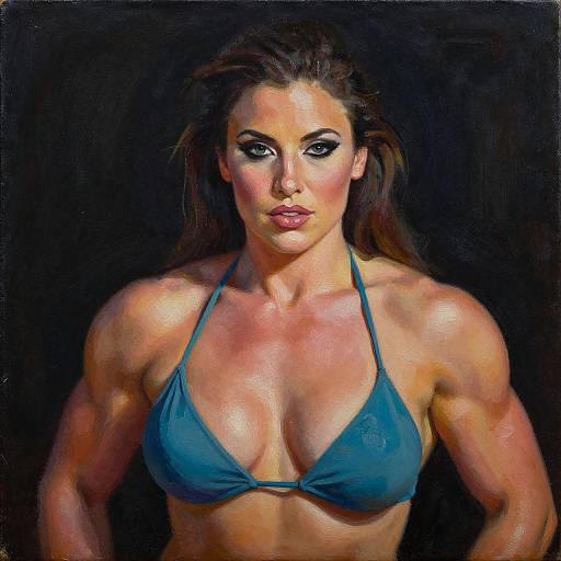 Hyperrealistic Oil Portrait of Muscular Woman in Blue Bikini