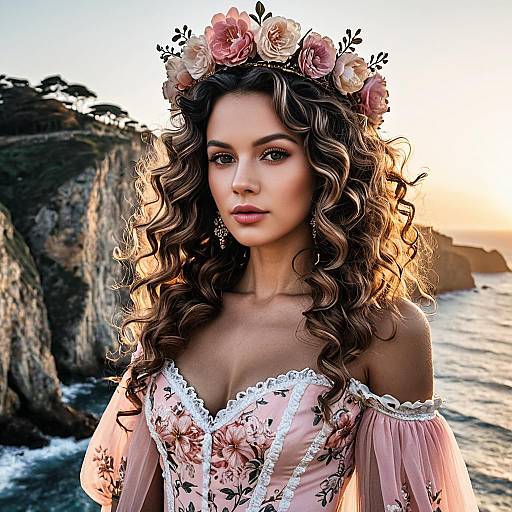 Elegant Woman with Floral Crown in Pink Gown by Coastal Cliff at Sunset