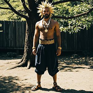 Man in Spiked Blonde Wig and Tribal Jewelry Outdoors