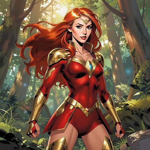 Red-Haired Woman Superhero in Red and Gold Armor in Forest Illustration