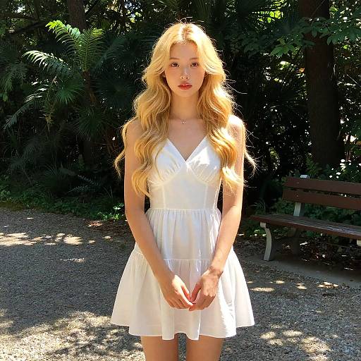 Young Woman in White Dress Standing in Garden with Lush Greenery