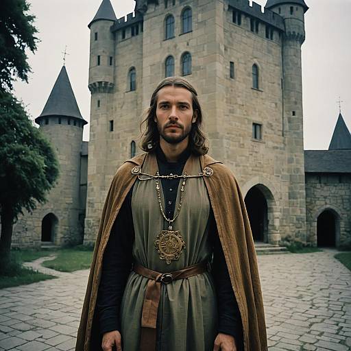 Medieval Man in Cloak Standing by Stone Castle