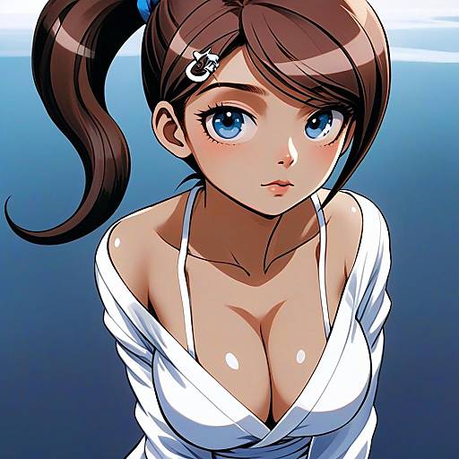 Anime Portrait of Young Woman with Blue Eyes and Ponytail in White Top