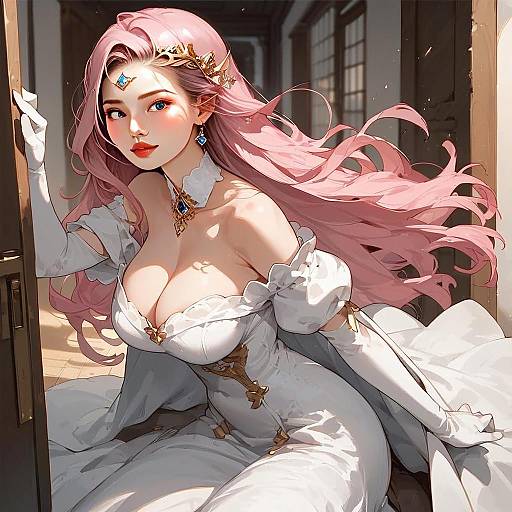 Elegant Pink-Haired Woman in White Gown Anime Artwork