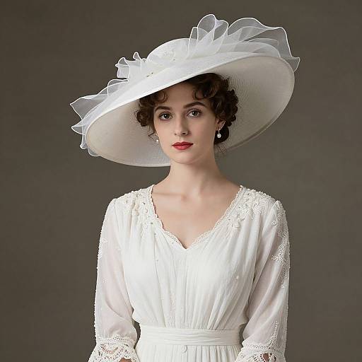 Elegant Woman in Vintage White Dress with Wide-Brimmed Hat