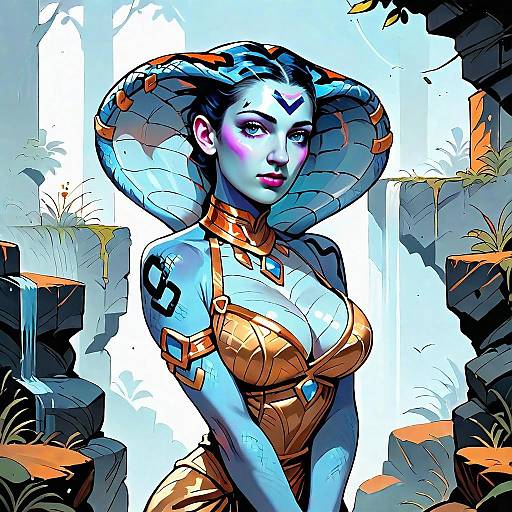 Fantasy Blue-Skinned Woman with Snake Hair in Waterfall Landscape Digital Art