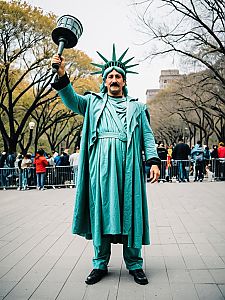 Man in Statue of Liberty Costume Full Body Humorous Cosplay Photo Outdoor