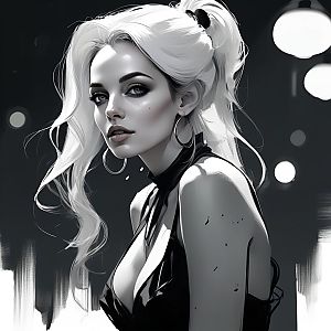 Black and White Illustration of Young Woman with Ponytail
