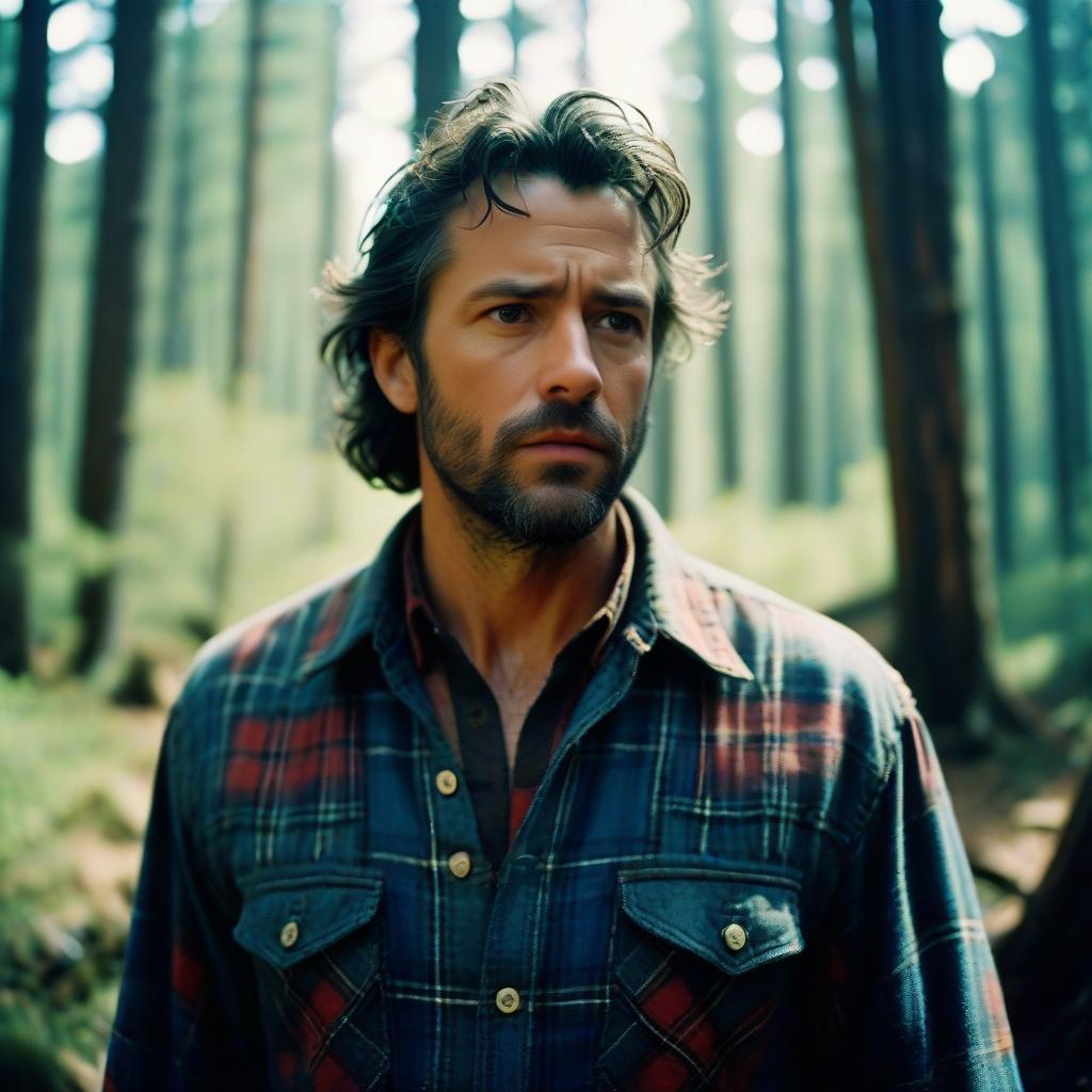 Man in Plaid Shirt on Outdoor Forest Journey