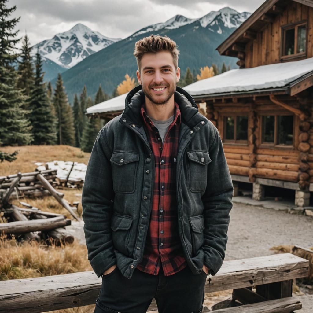 Cheerful man in casual outfit by rustic cabin and mountains