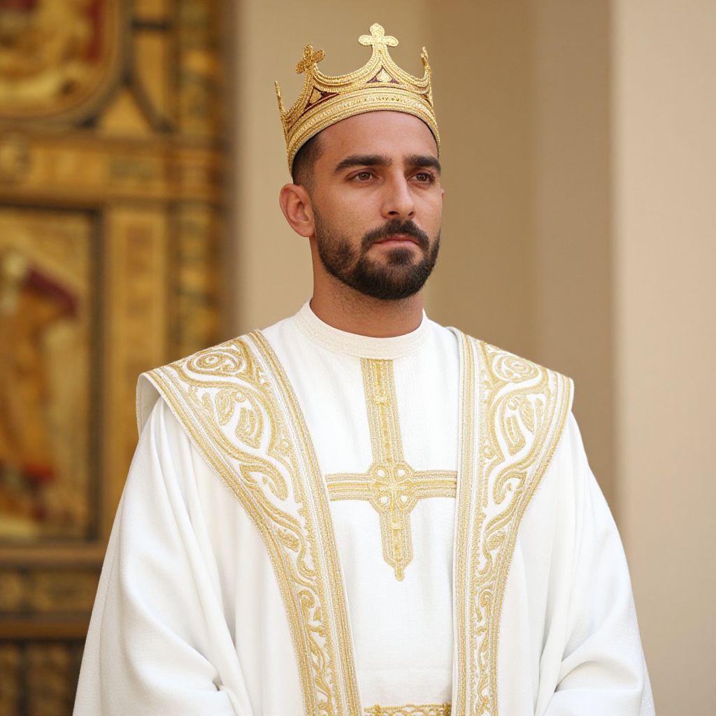 Man Wearing Elaborate White and Gold Robe with Golden Crown