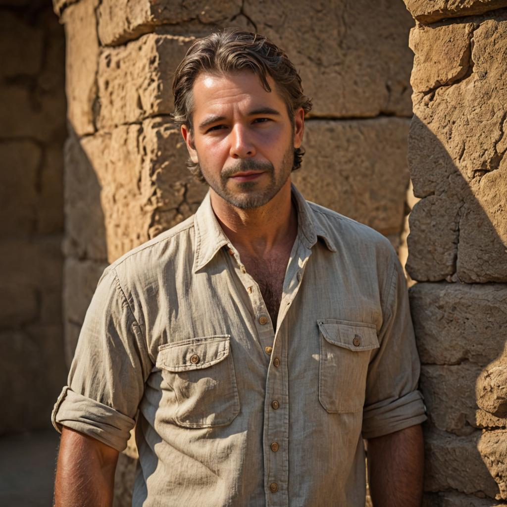 Man with stubble against ancient wall