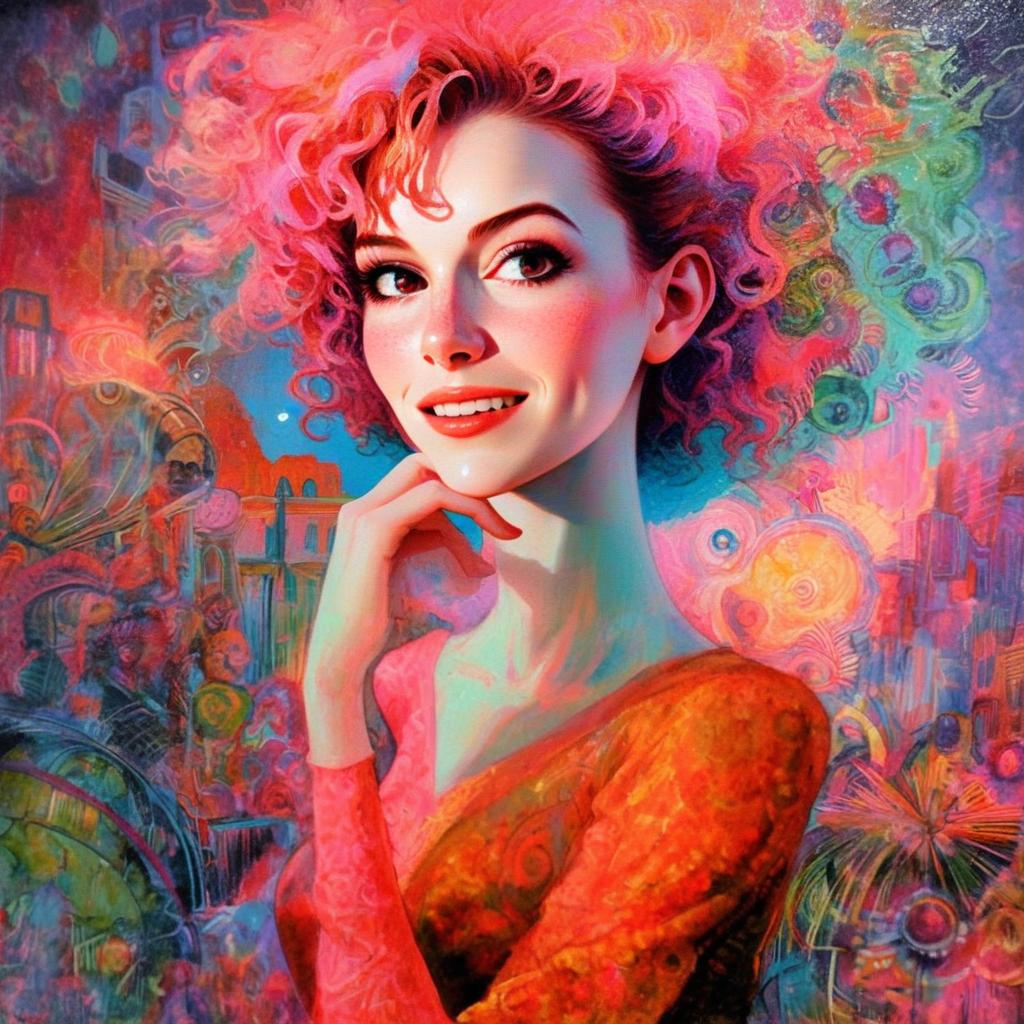Vibrant Surreal Portrait of Woman with Pink Curly Hair