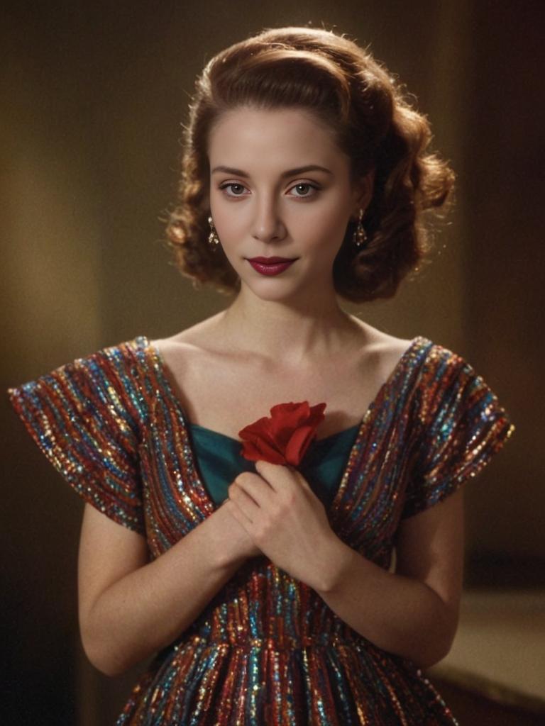 Vintage Woman with Rose in Sequined Gown