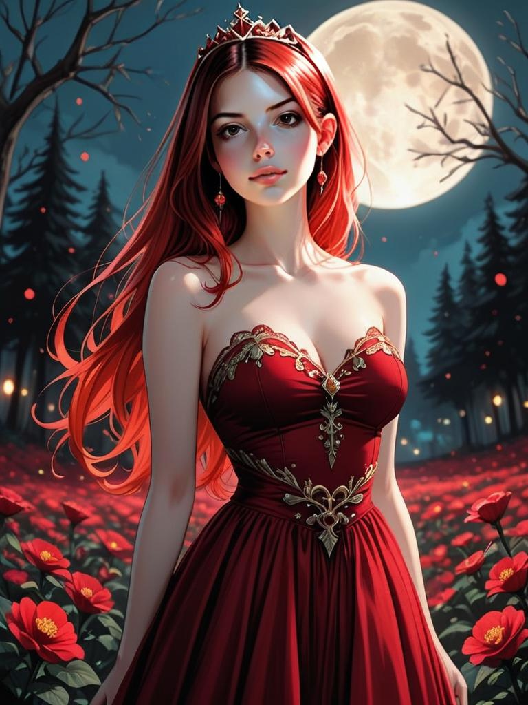 Woman in Red Gown Under Full Moon in Flower Field