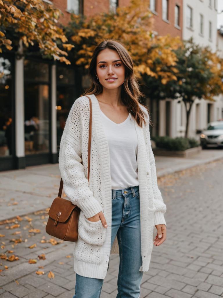 Chic Woman in Cozy Cardigan and Jeans