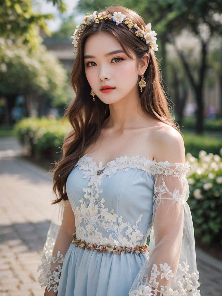 Young Woman in Elegant Light Blue Gown with Floral Crown