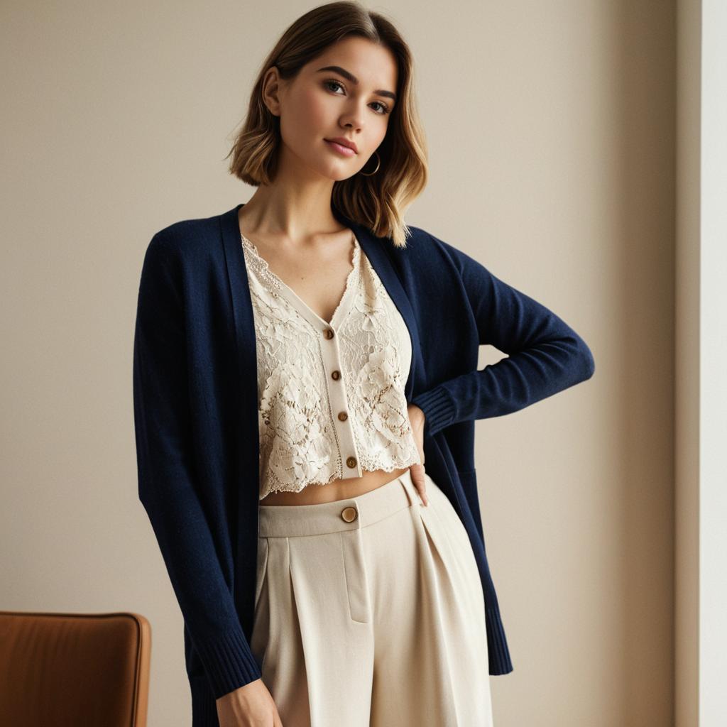Stylish Woman Wearing Navy Cardigan and Lace Crop Top with Beige Pants
