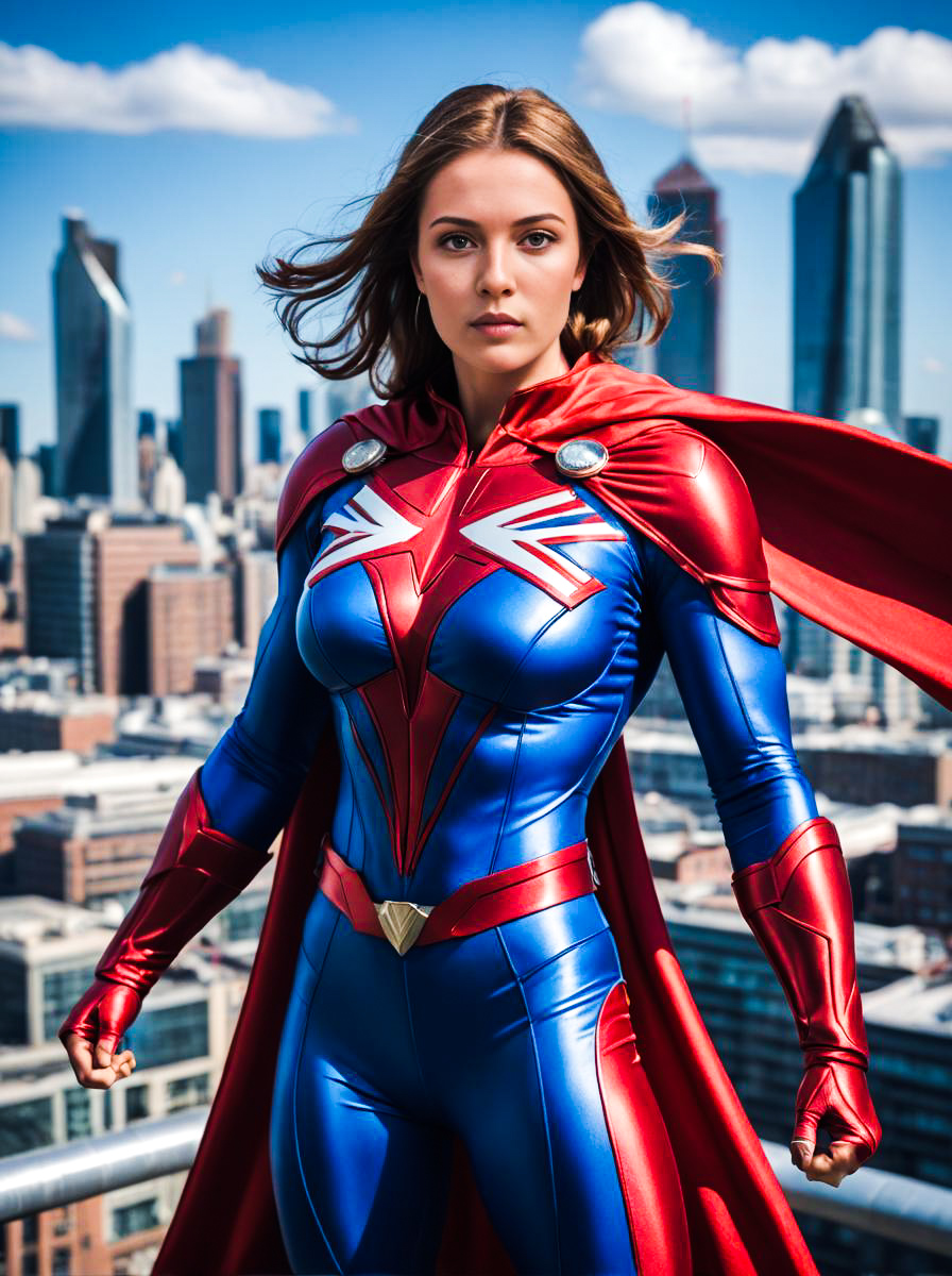 Woman in Captain Britain Costume Against City Skyline