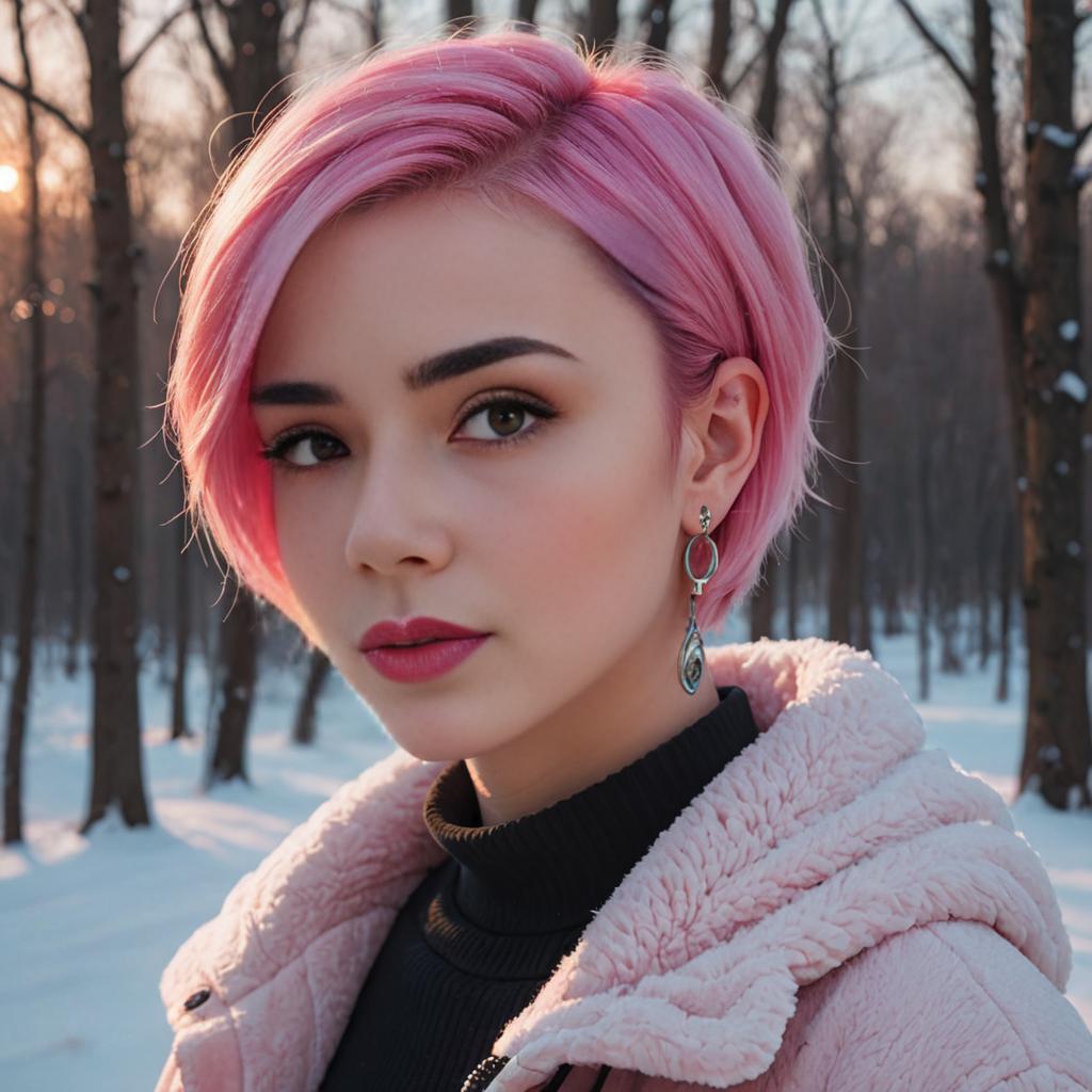 Stylish Woman with Pink Hair in Snowy Backdrop