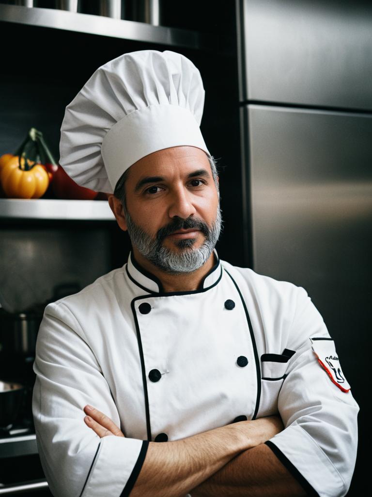 Photorealistic Portrait of Man in Chef Costume in Professional Kitchen