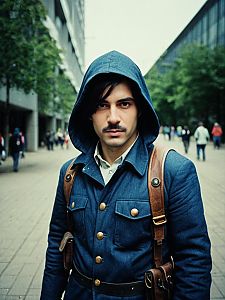 Man in Blue Hooded Military-Style Coat Anya Forger Cosplay Urban Portrait