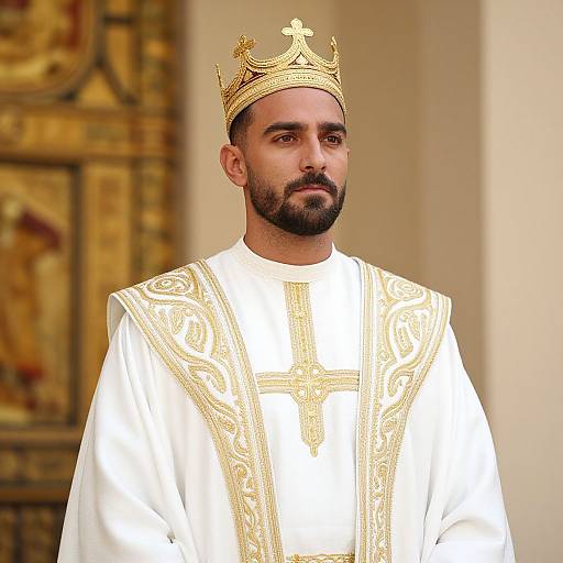 Man Wearing Elaborate White and Gold Robe with Golden Crown