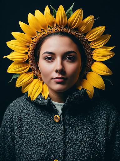 Photorealistic Portrait of Woman in Sunflower Costume Hood