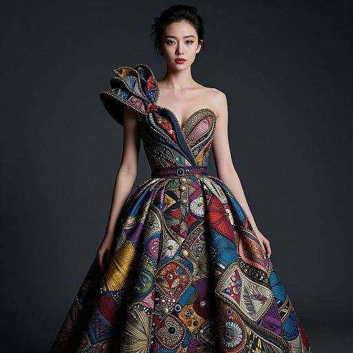 Colorful Geometric Patterned Ball Gown with Sculptural Shoulder Detail