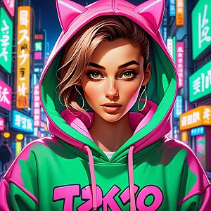 Young Woman in Neon Hoodie with Cat Ears in Urban Night Scene