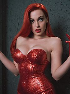 Glamorous Woman in Shimmering Red Dress with Vintage Pin-Up Style