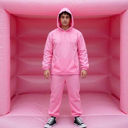 Man Wearing Pink Hoodie and Sweatpants in Pink Padded Room