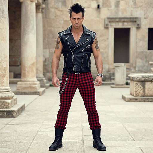Punk Rock Man in Studded Leather Vest and Red Plaid Pants