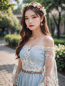 Young Woman in Elegant Light Blue Gown with Floral Crown