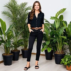 Confident Woman in Stylish Outfit with Green Plants