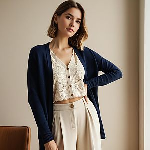 Stylish Woman Wearing Navy Cardigan and Lace Crop Top with Beige Pants