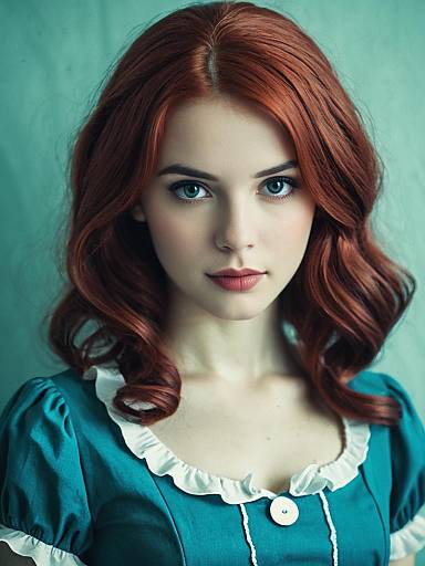 Realistic Photo of Woman Cosplaying as Sally in Vintage Teal Dress