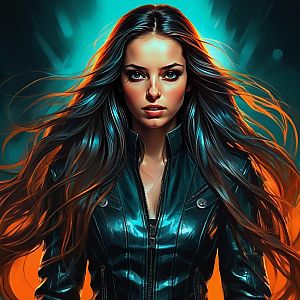 Digital Portrait of Woman in Leather Jacket with Vivid Blue and Orange Lighting