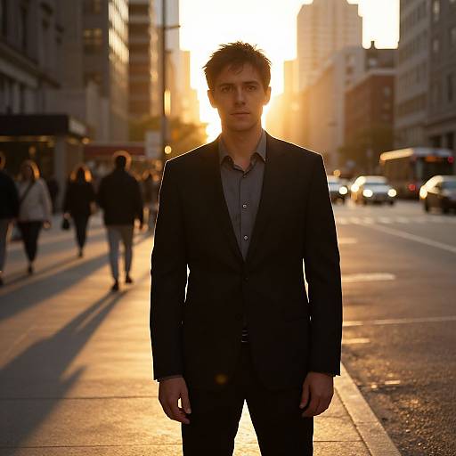 Young Man in Suit Standing on City Street at Sunset